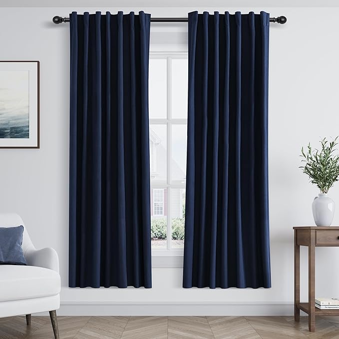 Guken Navy Blue 100% Blackout Linen Curtains 63 Inch Length 2 Panels Set for Living Room Bedroom Back Tab Thermal Insulated Black Out Drapes Room Darkening Farmhouse Window Curtains 63 Inches Long