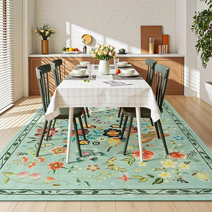 Rugflix 5x7 Washable Area Rug for Living Room, Soft Non Slip Low Pile Carpet, Floral Vintage Stain Resistant Rugs for Bedroom, Dining Room, Home Office, Green
