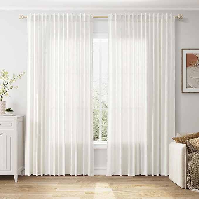 Nanspring Beige White Extra Wide Linen Curtains for Living Room Bedroom Light Filtering Semi Sheer Curtains for Sliding Door Coastal Decor Floor to Ceiling Window Extra Long Curtain 100x120