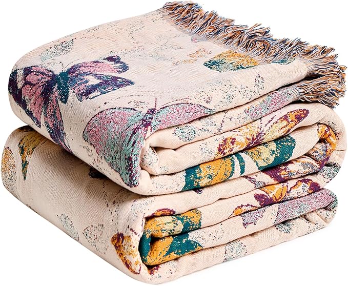 MSGKV Boho Throw Blanket for Bed Cotton Butterfly Twin Size Couch Blanket 60"x80" Muslin Spring Breathable All Seasons Lightweight Farmhouse Blankets