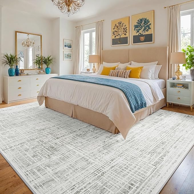 10x14 Area Rugs for Living Room Washable Rug: Anti-Skid Abstract Modern Living Room Rug Soft Thin Carpets Indoor Floor Non-Shedding Carpet for Bedroom Dining Farmhouse Nursery Home Office White Gray
