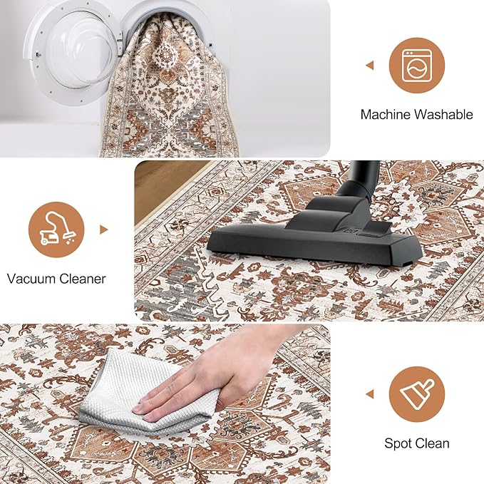 Yamaziot Washable Runner Rug, 2x8 Non-Slip Boho Vintage Hallway Rug Runner with Rubber Backing, Low Pile Faux Wool Distressed Carpet Runner for Bedroom, Kitchen, Laundry, Entrance, Ginger Grey