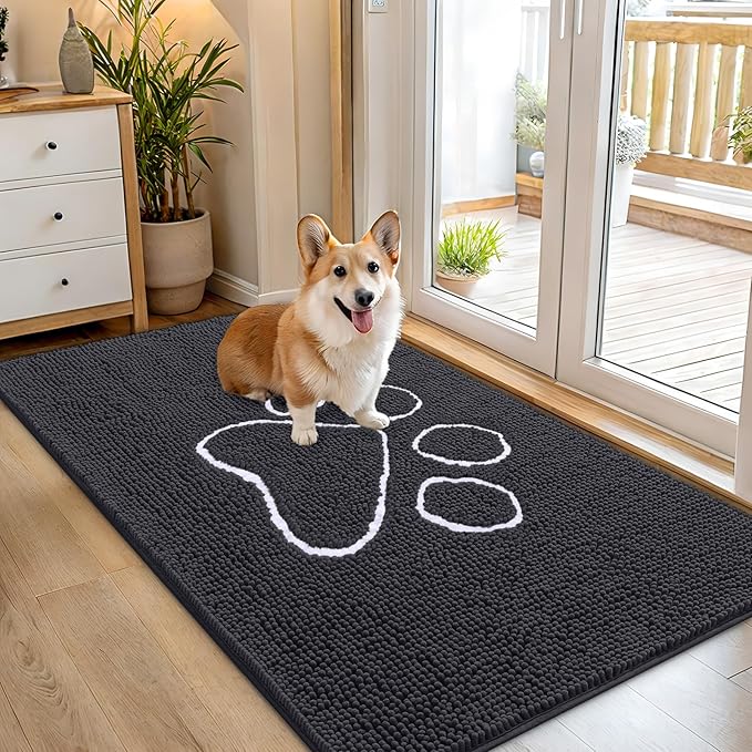 OLANLY Dog Door Mat for Muddy Paws 54x32, Paw Print Design, Absorbs Moisture and Dirt, Absorbent Non-Slip Washable Doormat, Quick Dry Chenille Mud Mat for Dogs, Entry Indoor Entryway Carpet, Dark Grey