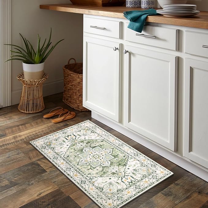 Yamaziot Washable Area Rug, 2x3 Small Entryway Rug Non-Slip Boho Vintage Rug with Rubber Backing, Low Pile Faux Wool Soft Distressed Floor Carpet for Indoor Door Mat, Kitchen, Laundry Bathroom