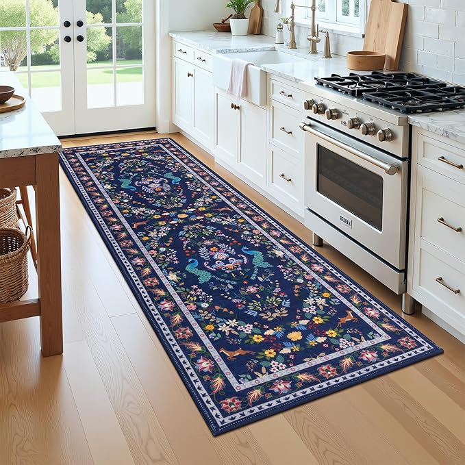 HEBE Washable Hallway Runner Rug 2'x 6' Non Slip Kitchen Rugs Runner,Low Pile Entryway Rug Laundry Room Mat Floral Carpet Runners for Hallways, Kitchen,Bathroom,Laundry,Bedside Rug
