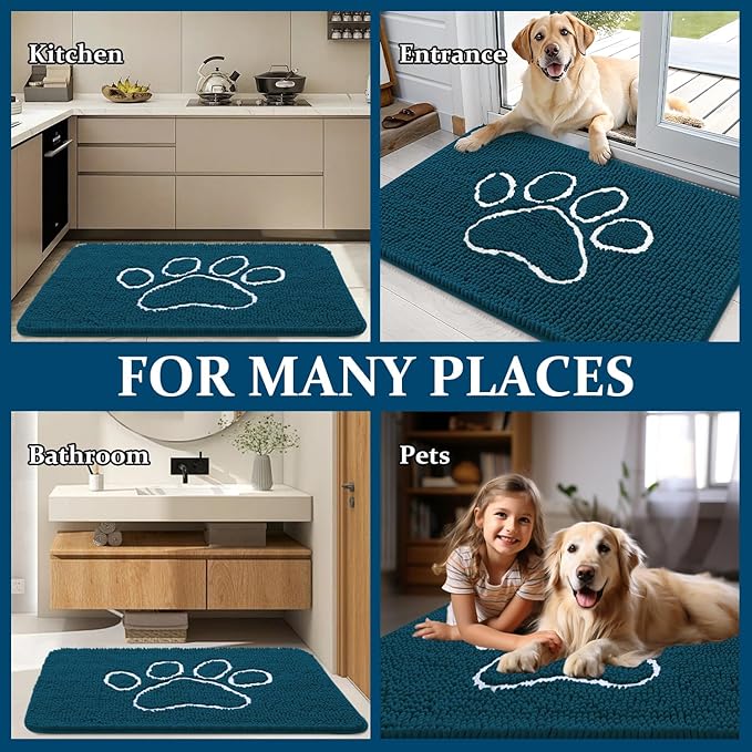 OLANLY Dog Door Mat for Muddy Paws 59x24, Paw Print Design, Absorbs Moisture and Dirt, Absorbent Non-Slip Washable Doormat, Quick Dry Chenille Mud Mat, Entry Indoor Entryway Carpet, Atlantic Blue