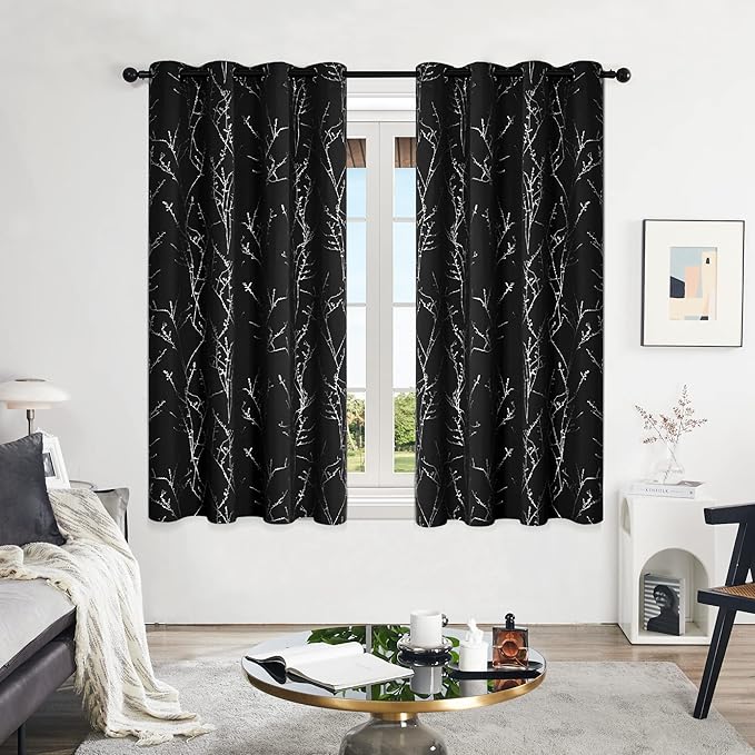 Deconovo Black Blackout Curtains, Thermal Insulated Soundproof Privacy Curtain Drapes, Branch Foil Print, 52 x 63 Inch Long, 2 Panels, Machine‑Washable Window Panel for Bedroom Living Room Office Home