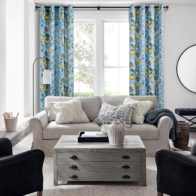 Topfinel Blue Patterned Curtains 2 Pages 96 Inches Long Blackout Heat Block Farmhouse Watercolor Floral Flower Hummingbird Printed Drapes Grommet Window Treatment for Living Room,96 Inch Length