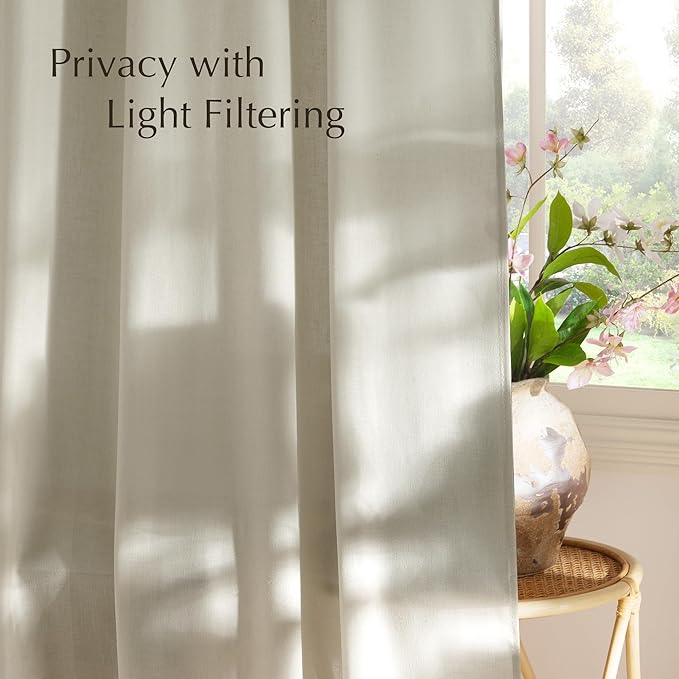 NICETOWN Bone White Linen Sheer Bedroom Curtains, Grommet Thick Flax Semi Sheer Window Treatments Privacy Assured with Light Filtering for Living Room, W55 x L96, 2 Panels