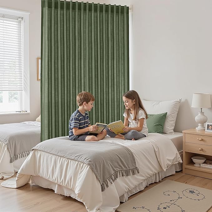 Olive Green Large Window Curtains Light Filtering Semi Sheer Privacy Linen Textured Curtain for Patio Sliding Glass Door Extra Wide Rustic Farmhouse Drapes for Living Room Bedroom Sunroom 100x90 Inch