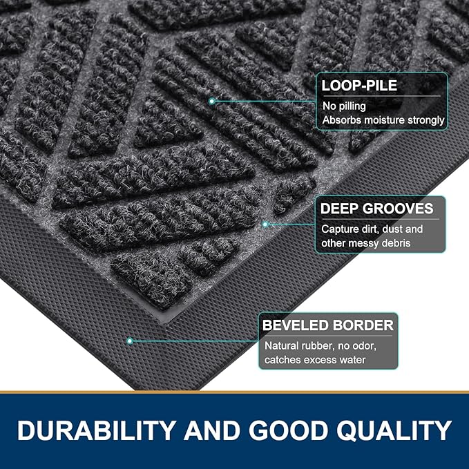 Smiry Front Door Mat Outside Entrance, Heavy Duty Sturdy Natural Rubber Doormat, Trap Dirt and Moisture, Easy Clean Low Profile Mats for Indoor Outdoor Entry, Grid Geometric (47x23, Grey)