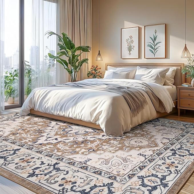 Lofus 10x14 Area Rugs for Living Room, Washable Area Rug, Big Rugs for Bedroom, Kitchen, Vintage Boho Carpet, Soft Non-Slip, Low Pile Large Area Rug for Office Dining Room, Floral Brown