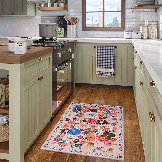 Pink/Beige Floral Rug for Entryway, 2X3 Washable Kitchen Mat Ultra-Thin Soft, Non-Slip Indoor Door Carpet Stain Resistant Boho Small Low-Pile Throw for Bathroom Bedroom (Beige/Pink Garden, 2 x 3)