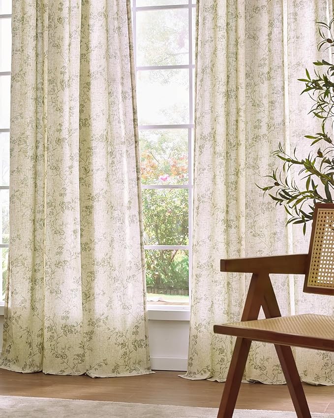 Lazzzy Farmhouse Linen Curtains Extra Long Green Floral Curtains 108 Inch Length Back Tab Drapes for Living Room Bedroom Light Filtering Country Vintage Rod Pocket, 2 Panels, Green on Beige