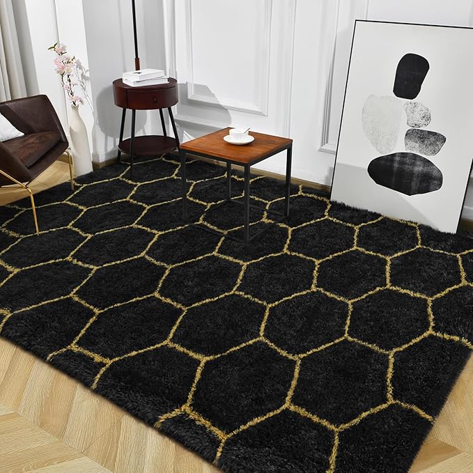 TWINNIS Super Soft Shaggy Rugs Fluffy Carpets, 4x5.9 Feet, Indoor Modern Plush Area Rugs for Living Room Bedroom Kids Room Nursery Home Decor, Upgrade Anti-Skid Rectangular Fuzzy Rug, Black Gold