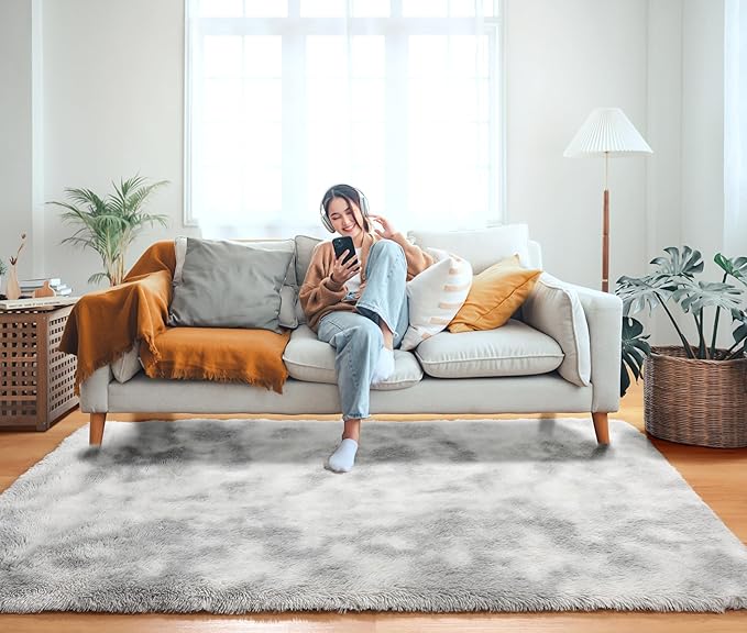 ONASAR Area Rugs for Bedroom Living Room, 4x6 Tie-Dyed Light Grey Fluffy Shaggy Bedside Throw Rug, Indoor Soft Plush Floor Carpet for Nursery Kids Girls Boys Teen Dorm Home Office Decor Aesthetic