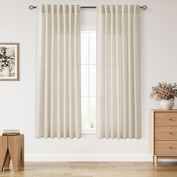 Nanspring Living Room Curtains 63 Inch Length Linen Birch Beige Luxury Light Filtering Semi Sheer Curtain Back Tab Modern Farmhouse Decor Elegant Coastal Drapes for Bedroom Office 52x63, 2 Panels