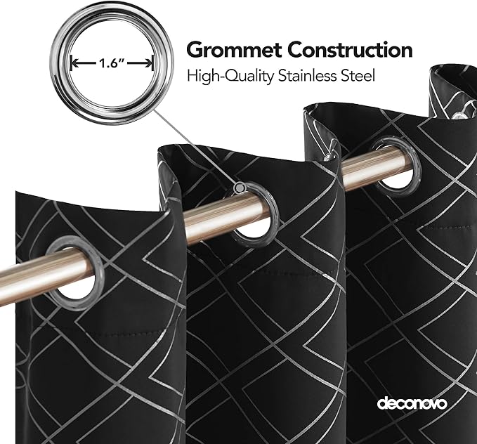 Deconovo Blackout Curtains 63 Inch Length for Nursery Kitchen (52x63 Inch, Black/Silver, 2 Panels) Thermal Insulated Panels, Soundproof Window Drapes, for Living Room Bedroom