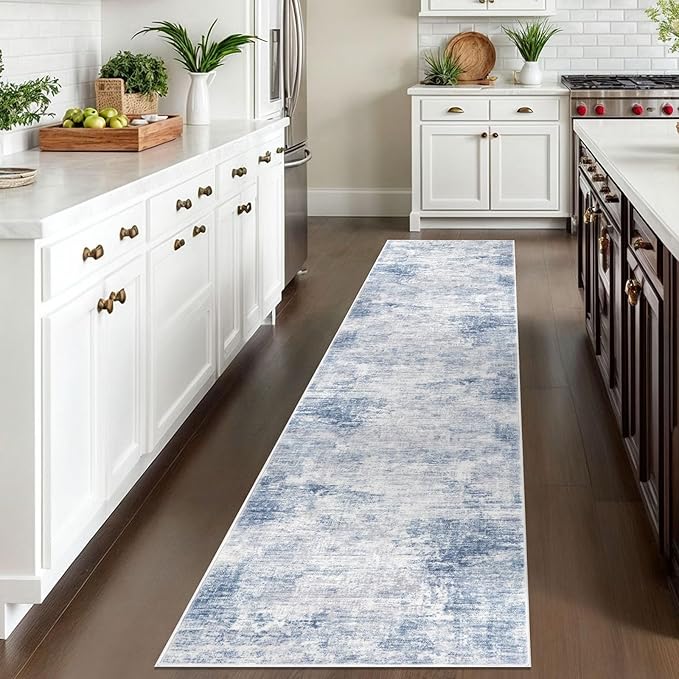 IOHOUZE Abstract Runner Rug 2x10 Ft Washable Runners for Hallways, Non Slip Kitchen Runner Printed Faux Wool Entryway Runner Indoor, Modern Abstract Floor Carpet for Hall Kitchen, Light Blue Grey