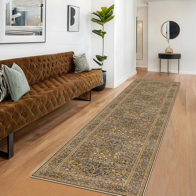3x10 Long Runner Rugs for Hallway Non Slip, Geometric Floral Design Washable 10ft Oriental Rug for Entryway, Kitchen, Vintage Indoor Décor, Brown Low Pile Stain Resistant Carpet