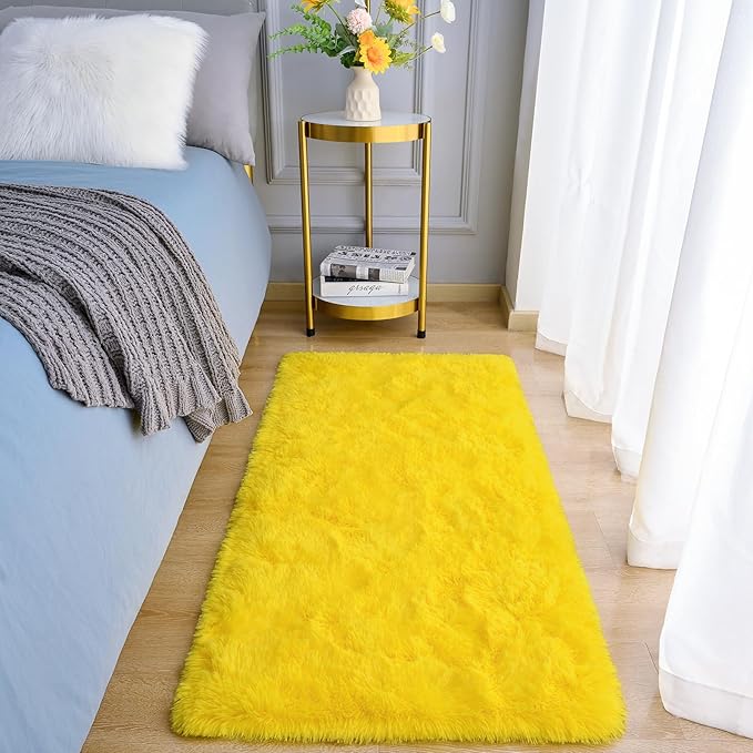 Amearea Shag Fluffy Small Rug, 2x4 Feet Throw Rugs for Bedroom Girls Living Room, Extra Soft and Fuzzy Shaggy Carpet, Non Slip, Solid Color Nursery Home Floor Decor Carpets, Yellow