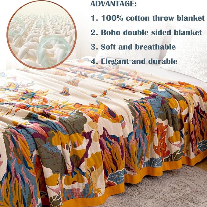 MSGKV Boho Throw Blanket 60''x80'',100% Cotton Blanket for Couch Bed, Spring Breathable Quilt Farmhouse Home Decor Soft Lightweight Picnic Blankets