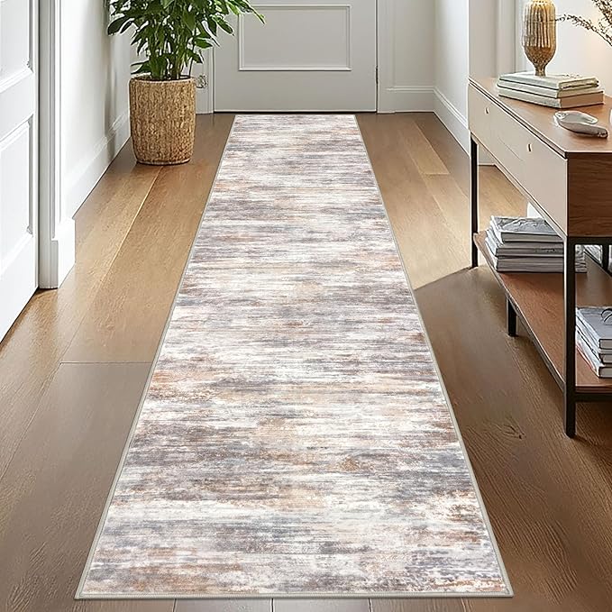 KOZYFLY Modern Abstract Runners for Hallways 2x10 Washable Rug Runner Non-Slip Soft Striped Kitchen Runner Rug, Multi Grey/Orange Print Carpet for Entryway Bathroom