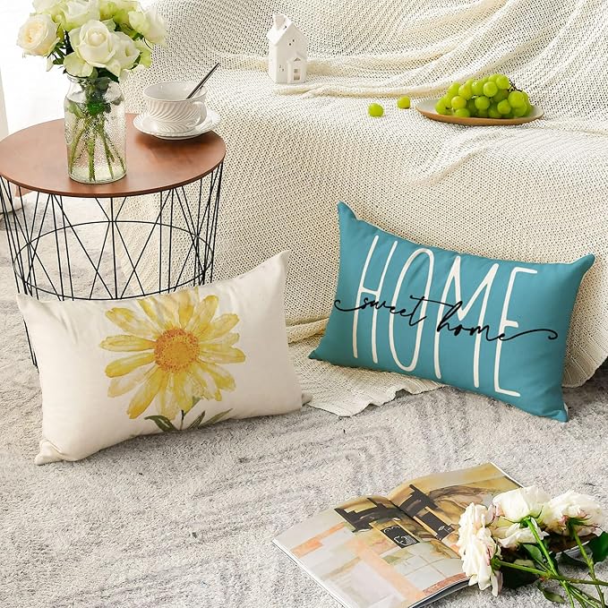 AVOIN colorlife Home Sweet Home Spring Summer Flowers Yellow Throw Pillow Covers, 12 x 20 Inch Blue Cushion Case for Sofa Couch Set of 4