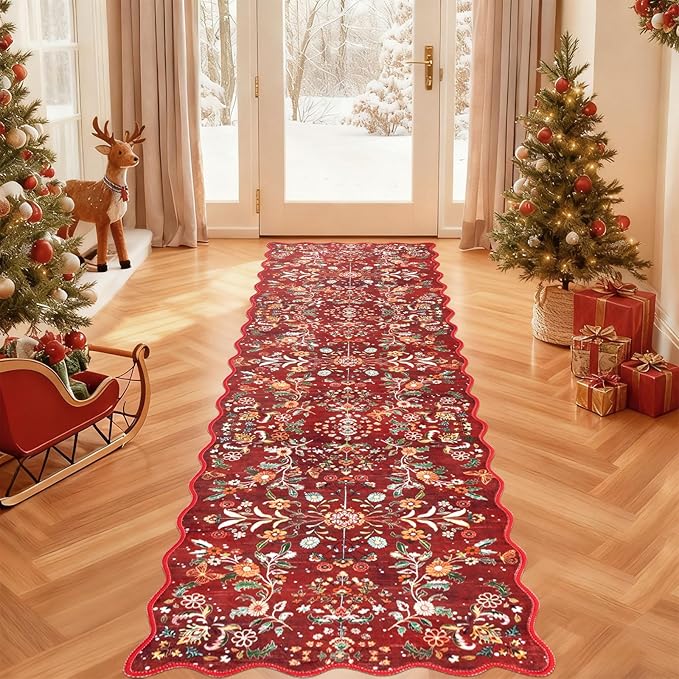 Yamaziot Christmas Runner Rug 2x8 – Red Floral Washable Non-Slip Carpet Runner Christmas Holiday Decor, Soft Low Pile Christmas Rug for Hallway, Kitchen, Entryway