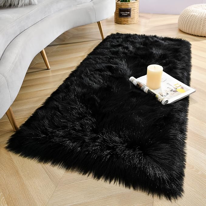 LOCHAS Soft Fluffy Faux Fur Rugs for Bedroom Bedside Rug 2x4 Feet, Washable, Furry Sheepskin Area Rug for Living Room Girls Room, Luxury Shag Carpet Home Decor, Black