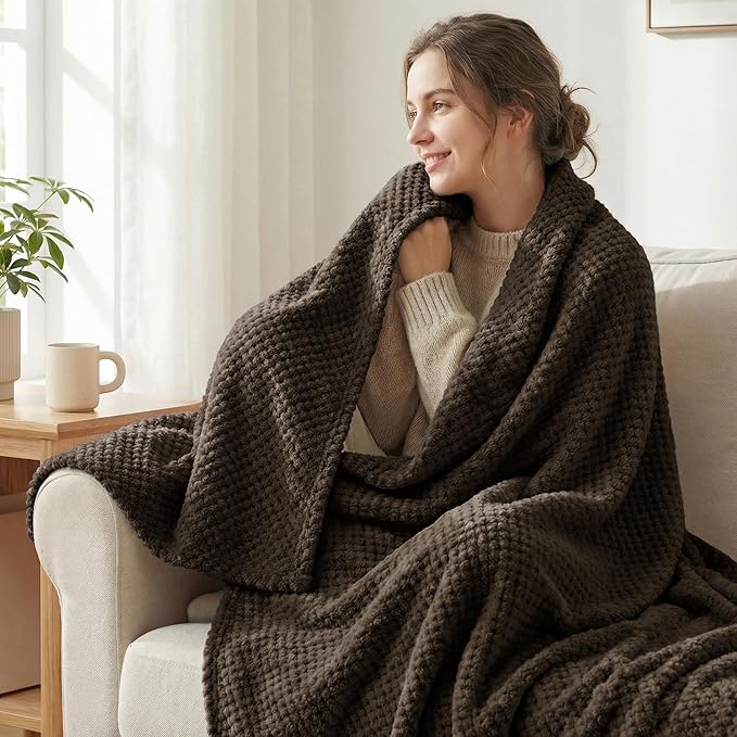 Exclusivo Mezcla Fleece Bed Blanket Queen Size, Super Soft and Warm Blankets for Couch, Sofa and Bed Waffle Textured, Cozy, Fuzzy and Lightweight (Coffee, 90x90 Inches)