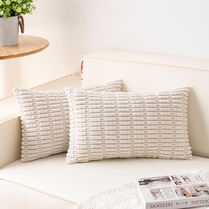 Pack of 2 Corduroy Decorative Throw Pillow Covers 12x24 Inch Soft Striped Pillow Covers Modern Farmhouse Home Decor for Sofa Living Room Couch Bed（Cream White）