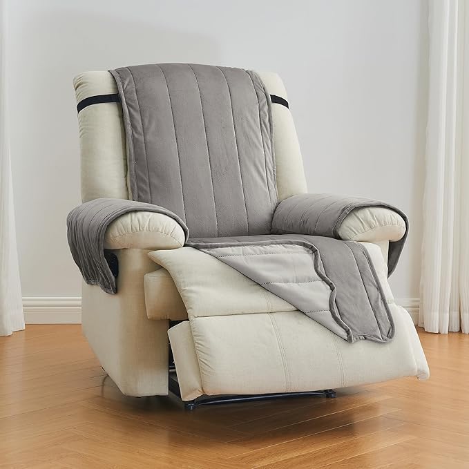 Great Bay Home Velvet Recliner Cover - Washable Slipcover Furniture Protector with Elastic Straps - Furniture Cover for Dogs, Kids, and Pets - Stitched Detail (Wild Dove Grey)