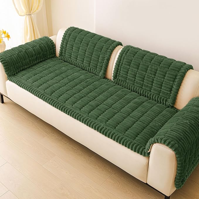 hyha Couch Covers for Dogs Washable, Non Slip Plush Dog Sofa Protectors, Fuzzy Pet Couch Covers for 3 Cushion Sofa Pet Friendly (Dark Green, 27.6" x 47")