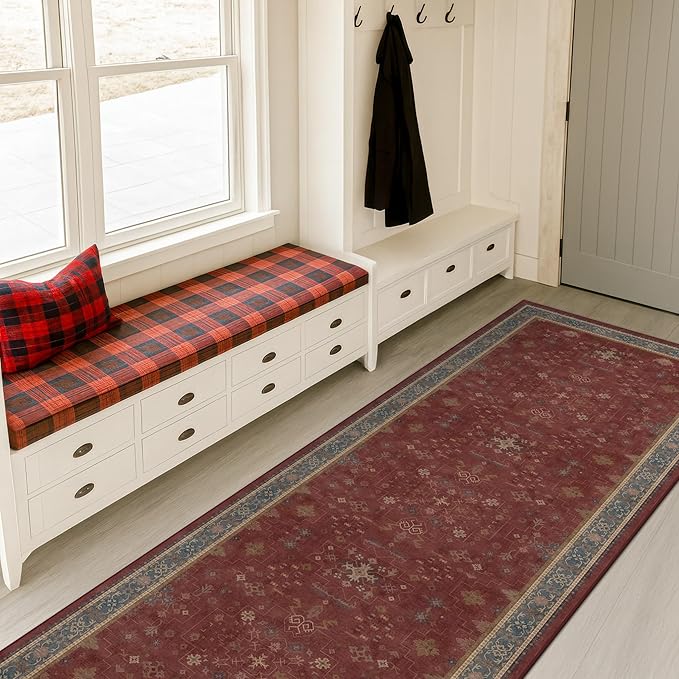 Dark Red 2'6''x8' Wide Hallway Runner Rug - Washable Kitchen Sink Rug, Non Slip 8ft Long Runner Rug for Entryway, Burgundy Turkish Floral Print Home Décor