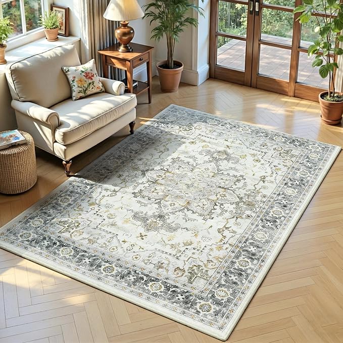 Lofus 3x5 Area Rugs for Entryway, Machine Washable Small Living Room Area Rug, Low Pile Non-Slip Rugs for Bedroom, Kitchen, Home Office, Vintage Oriental Print Rug, Taupe Grey