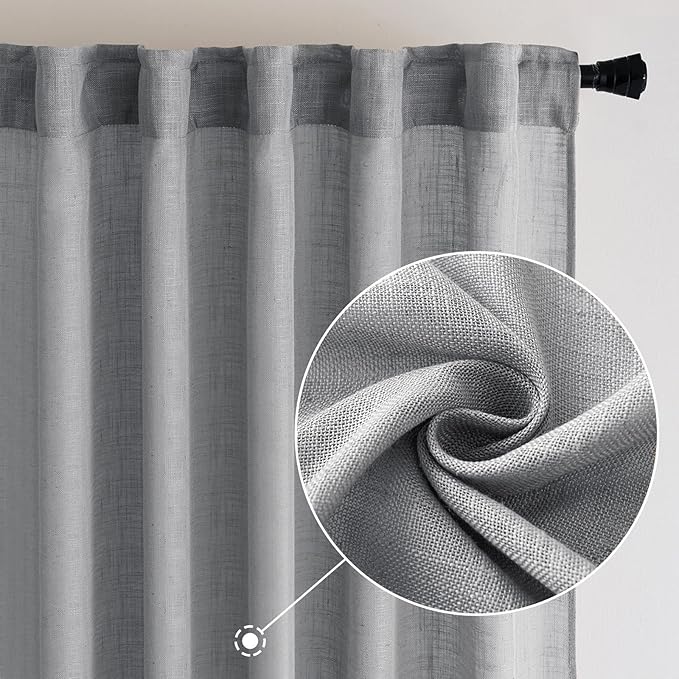 MIULEE Grey Linen Curtains 84 Inch Length for Bedroom Living Room, Soft Thick Linen Textured Window Drapes Gray Semi Sheer Light Filtering Rod Pocket Back Tab Burlap Look, 2 Panels, 37x84 Inches