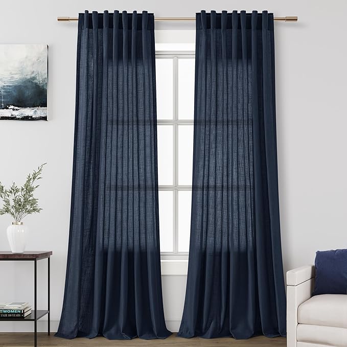 Navy Blue Linen Curtains 90 inch Length for Bedroom Boys Men Back Tab Modern Farmhouse Nautical Decor Blue Sheer Privacy Curtain Panels Set of 2 for Dining Room Indigo