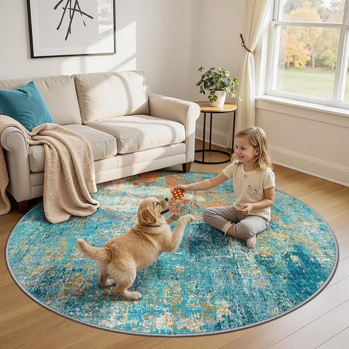 Washable Area Rugs 6ft Non-Slip Modern Abstract Soft for Living Room Entryway Bedroom Nursery, Print Pattern, Teal Blue Green Orange Rust Red Coloreful