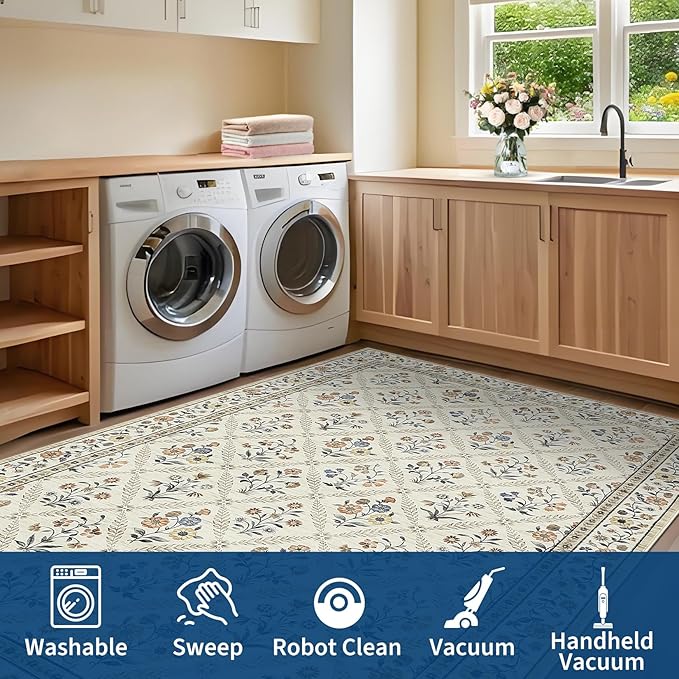 Runner Rug for Hallway Entryway 2.5x8 Farmhouse Floral Non-Slip Machine Washable Kitchen Rug Runner Non-Shedding Low-Pile Soft Long Carpet for Entrance Laundry Room Beige