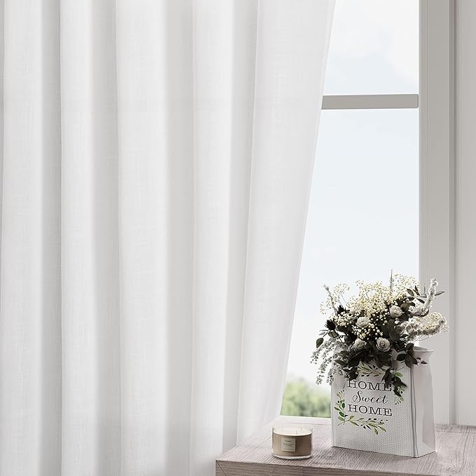 Extra Wide Linen Curtains for Living Room 102 Inch for Bedroom Divider Off White Rustic Farmhouse Drape Rod Pocket Back Tab Light Filtering Dinner/Office Window Curtain for Sliding Door，2 Panles