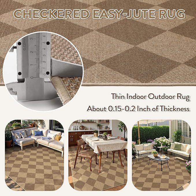 Lahome Colette Checkered Easy Jute 6x9 Rug, Large Rugs for Living Room Dining Room Farmhouse Indoor Outdoor Carpet, Checkerboard Washable Geometric Rug Non Slip Black Carpet for Office Backyard Patio