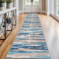 Lansny Modern Abstract Runner Rug 2.6x12, Blue Washable Long Kitchen Runner Non-Slip Soft Hallway Rug Runner Thin Print Faux Wool Carpet for Entryway Bedroom Laundry Room Indoor Home Decor