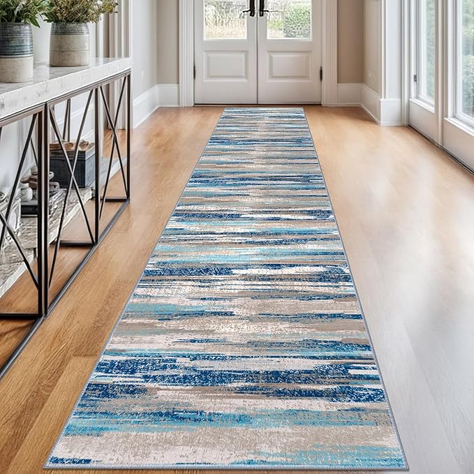 Lansny Modern Abstract Runner Rug 2.6x12, Blue Washable Long Kitchen Runner Non-Slip Soft Hallway Rug Runner Thin Print Faux Wool Carpet for Entryway Bedroom Laundry Room Indoor Home Decor
