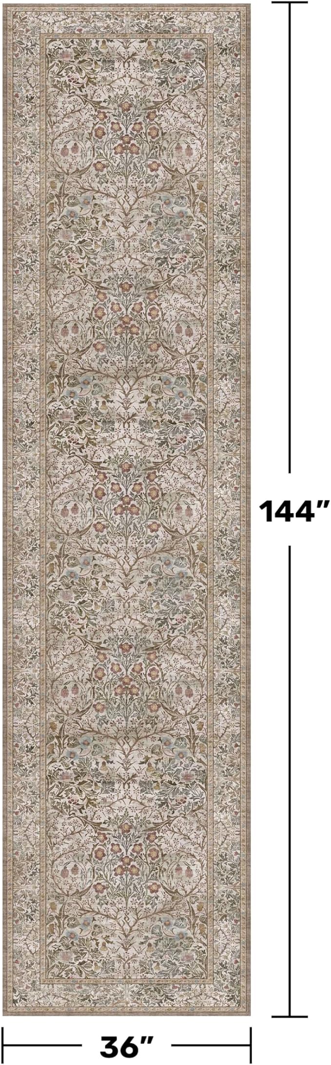 Moss 3x12 Extra Long Wide Runner Rug for Hallway, Non Slip Washable, 12 ft Large Kitchen Floor Rugs for Indoor Entrance, Low Pile Stain Resistant Vintage Floral Leaf Carpet