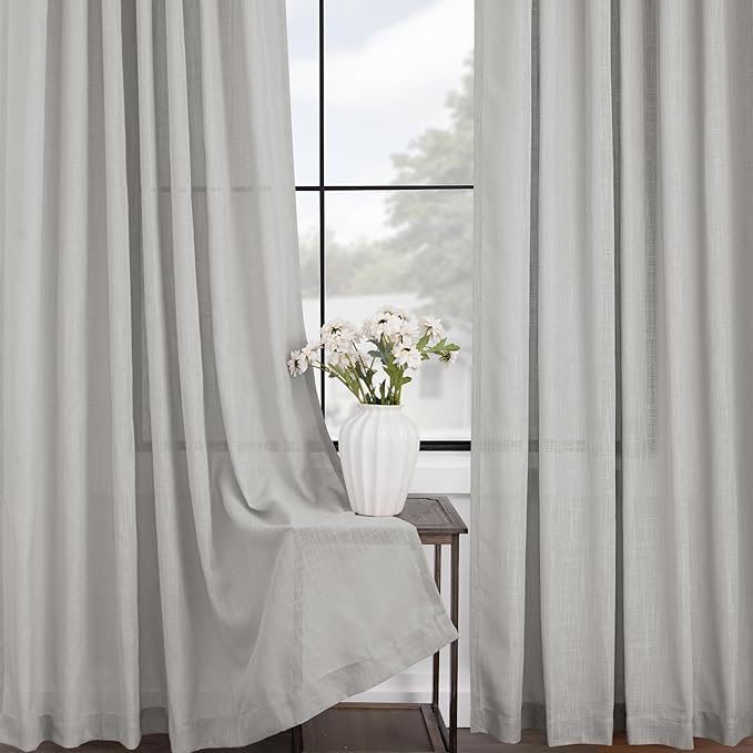 Linen Blend Grey Curtains for Living Room Back Tab Modern Farmhouse Semi Sheer Light Gray Curtains 63 inches Long 2 Panels Set Muted Neutral Cotton Texture Window Curtain for Dining Room Bedroom