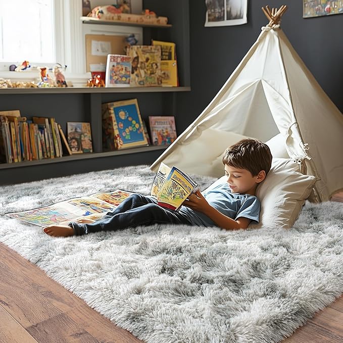 Pionblank Super Fluffy Area Rug for Living Room 5x7 Feet, Modern Indoor Shaggy Carpet, Soft Plush Non Slip Rugs for Bedroom Kids Room Cloakroom Home Decor, Tie Dye Grey