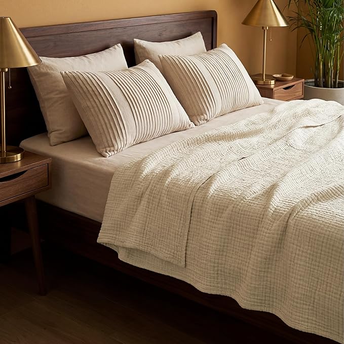 Bedsure 100% Cotton Muslin Blanket King Size for Bed - 4-Layer Breathable and Lightweight Thin Soft Summer Gauze Muslin Blanket for Adults, Linen Beige, 108x90 Inches