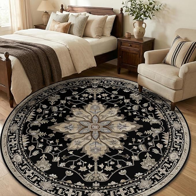 RELEANY Area Rugs 6ft Washable Non-Slip, Floral Vintage Distress Print Pattern Medallion Carpet for Living Room Bedroom Dining Room, Black Brown Neutral Dark Tan