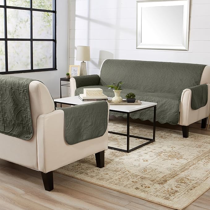 Great Bay Home Reversible Loveseat Cover - Washable Slipcover Furniture Protector with Elastic Straps - Perfect for Kids & Pets - Quilted & Stitched Detail (Sage Green/Light Gray)